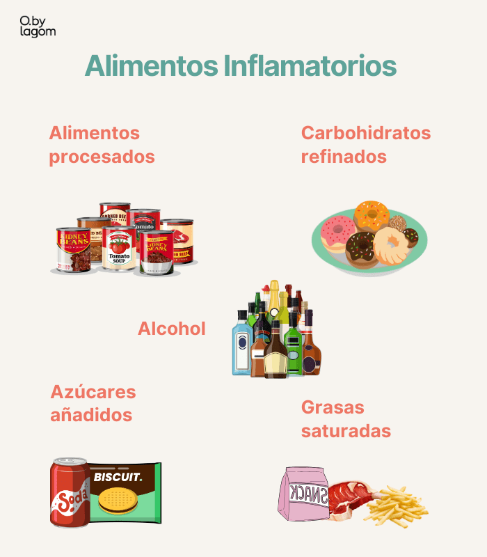 Blog de alimentación antiinflamatoria con alimentos inflamatorios como los alimentos procesados, carbohidratos refinados, alcohol, azúcares añadidos, y grasas saturadas